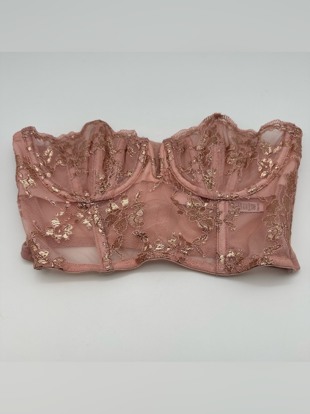 Victoria's Secret Dream Angel Pink Gold Floral Scalloped Lace Bustier Corset 34A